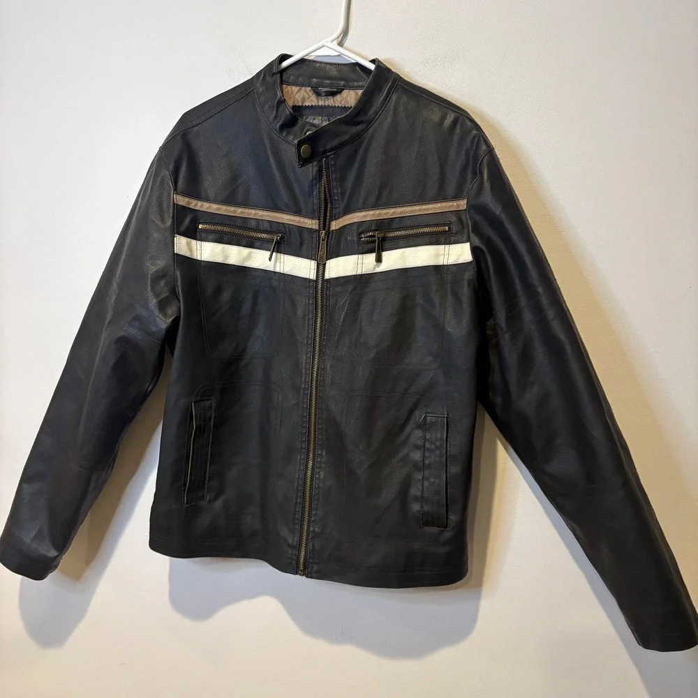 Y2K Whispering Smith Mens Faux Leather Motorcycle Jacket Black Size M Zip Pocket